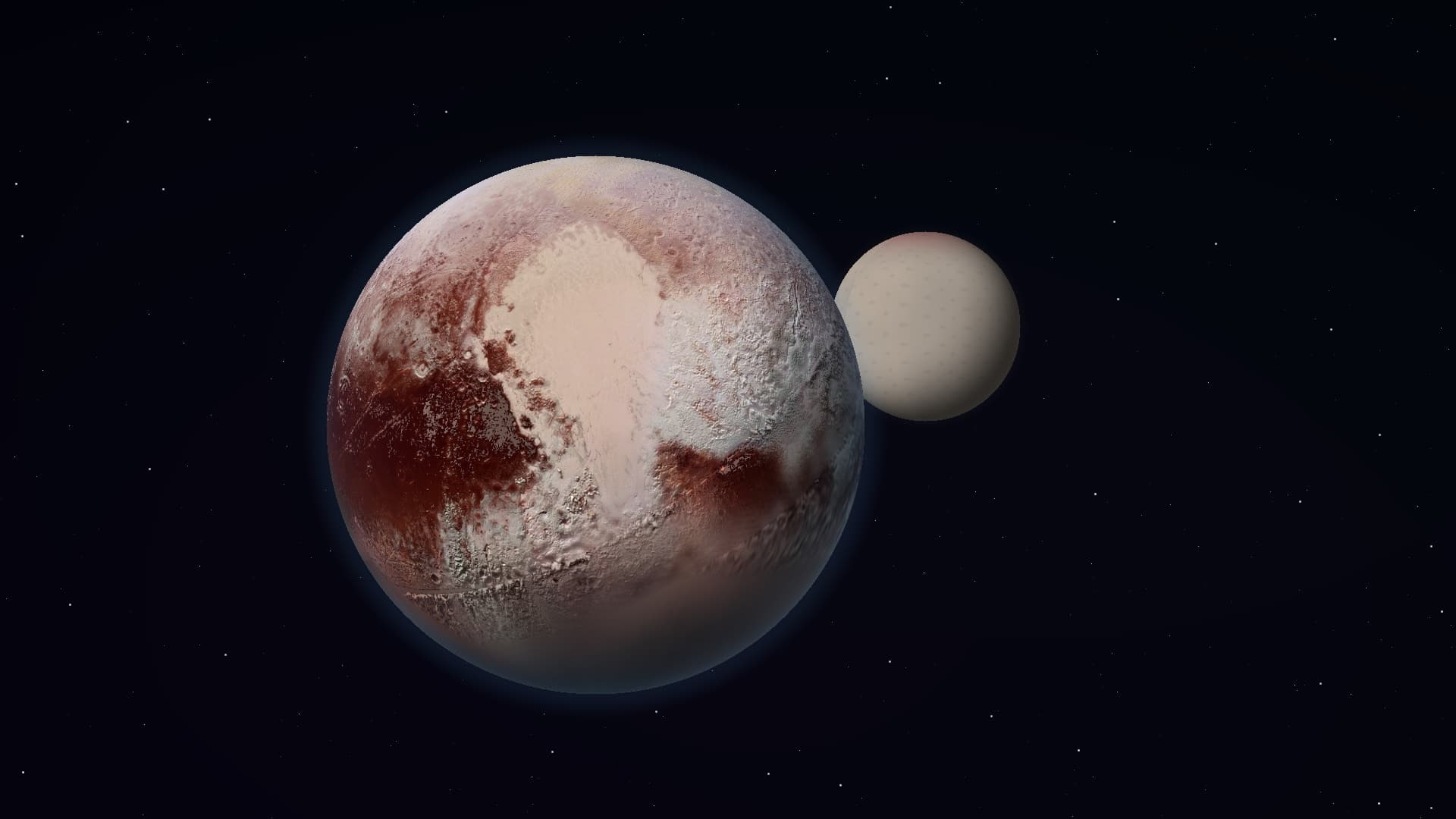Generated Pluto hero still with bright heart-shaped ice terrain and reddish tholin regions.
